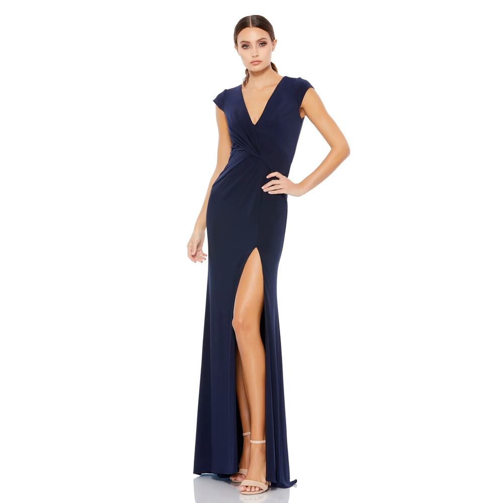 Mac Duggal Deep Blue V-Neck Maxi Dress